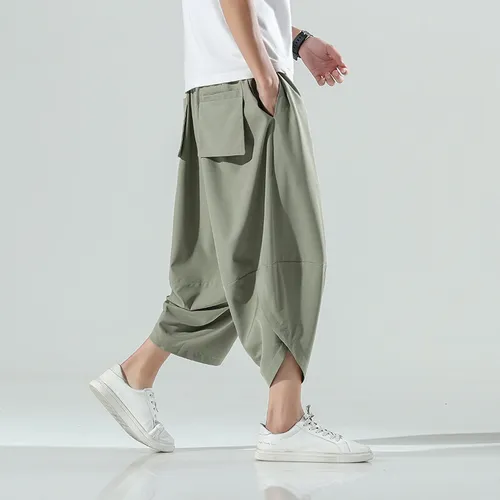 Pantalones bombachos de estilo chino para hombre, ropa de calle Harajuku, pantalones Vintage de Color sólido hasta la pantorrilla, verano 2025