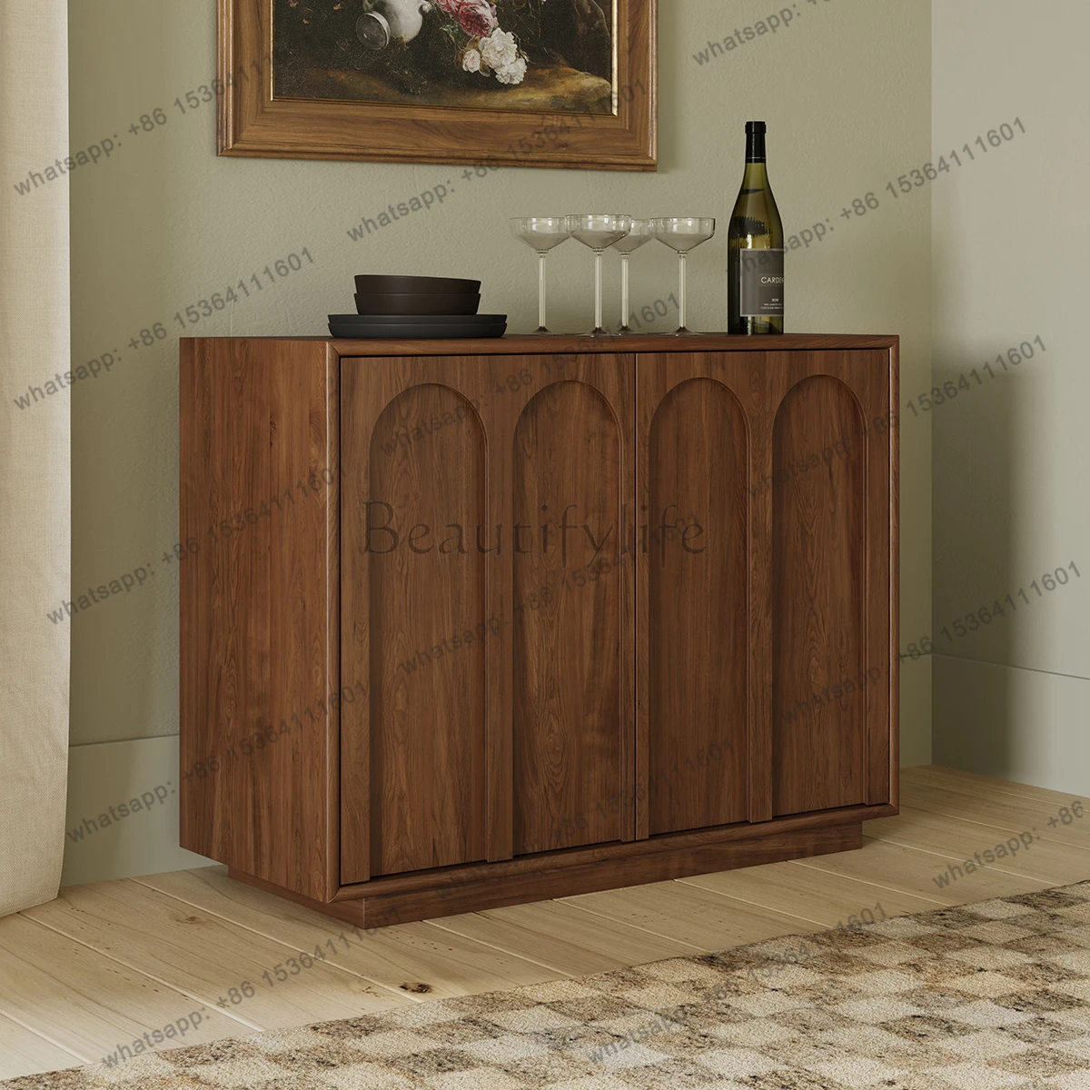 Solid wood braided rattan dining side cabinet retro small apartment entrance, wall storage, tea cabinet