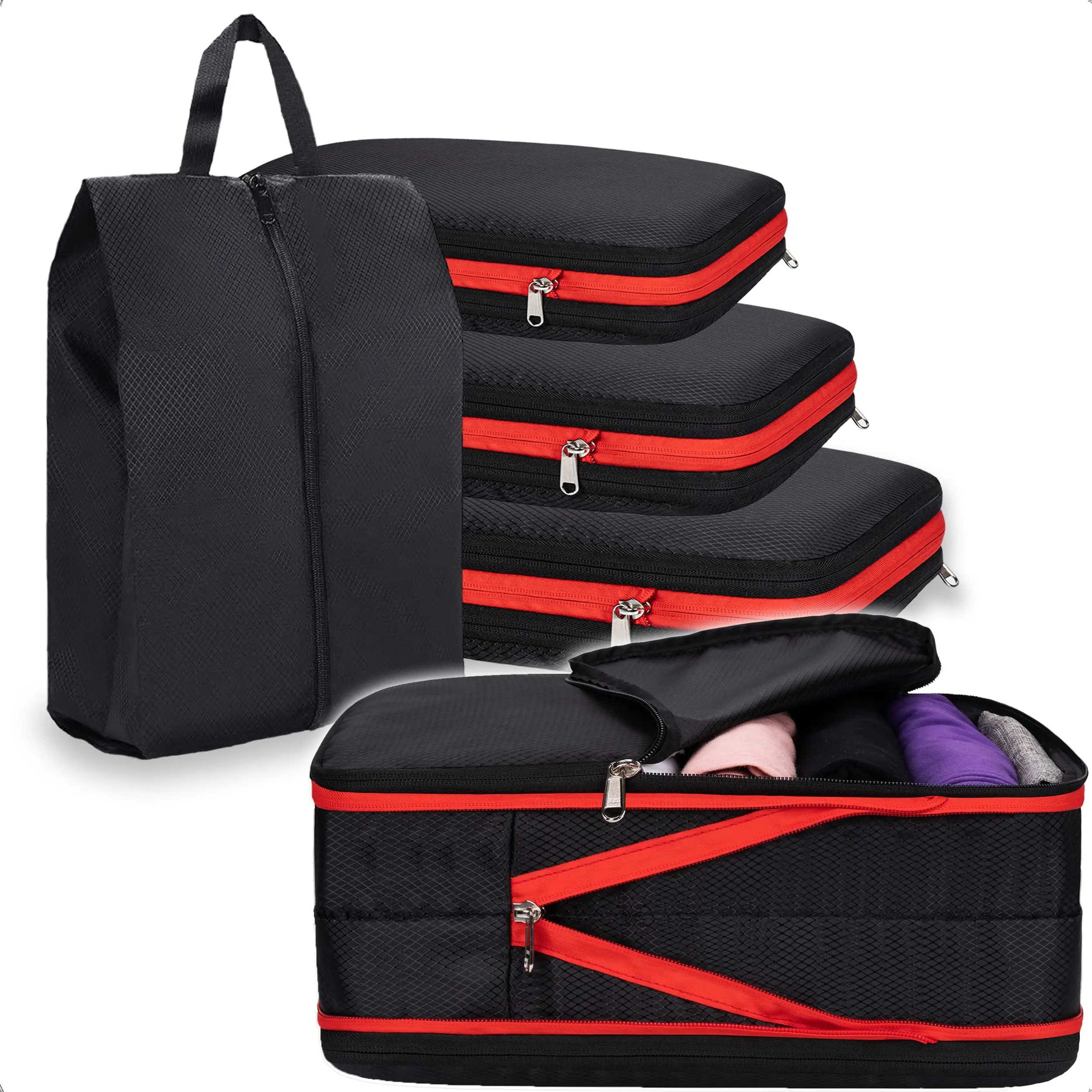 Durable Compression Packing Cubes Travel Accessories Suitcase Organizer Bag With Shoe Bag Portable Folding Luggage Storage Pouch