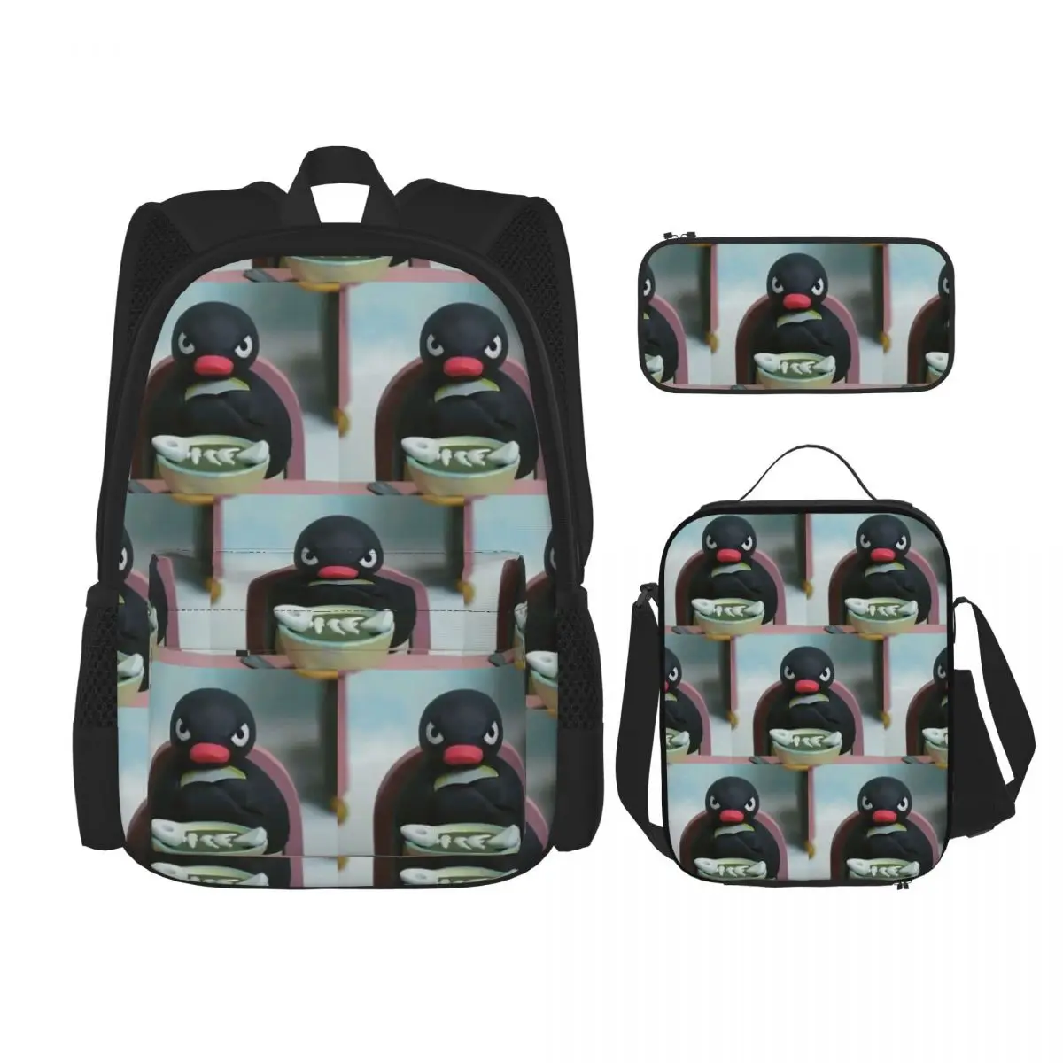 Pingu The Penguin Angry - Noot Noot Backpacks Boys Girls Bookbag School Bags Rucksack Lunch Bag Pen Bag Three-Piece Set