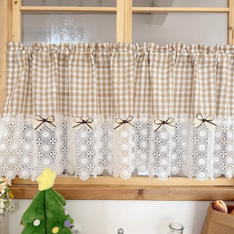 French Countryside Khaki Grid Splicing White Flower Lace Half Curtain Yellow Cherry Decor Small Curtain for Kitchen Living Room