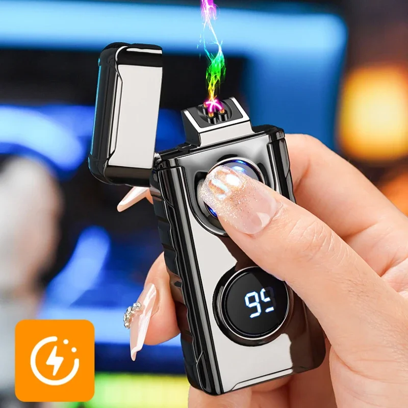 New Outdoor Lighting Dual Arc Digital Display Lighter Metal Windproof Type-C Fast Charging Rechargeable Cigarette Lighter