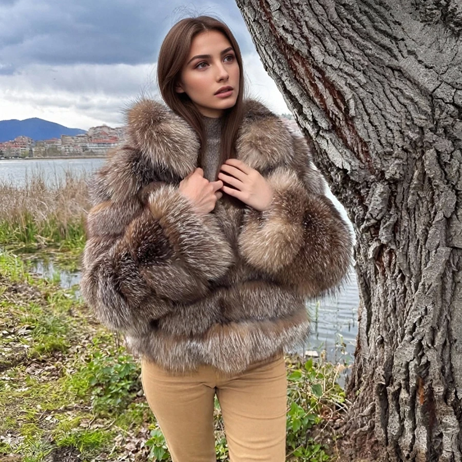 ของแท้ Fox FUR Coat COLLAR เสื้อแจ็คเก็ตสตรีขนสุนัขจิ้งจอกธรรมชาติ Cropped FUR JACKET แฟชั่นสินค้าใหม่ Furry JACKET