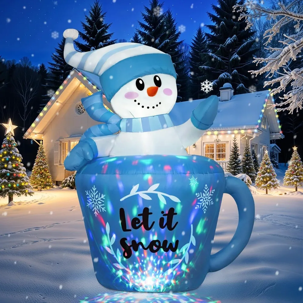 

5FT Christmas Inflatables Outdoor Decorations, Cute Blue Inflatable Snowman Outdoor in Mug, Christmas Blow Up Yard Decorations w