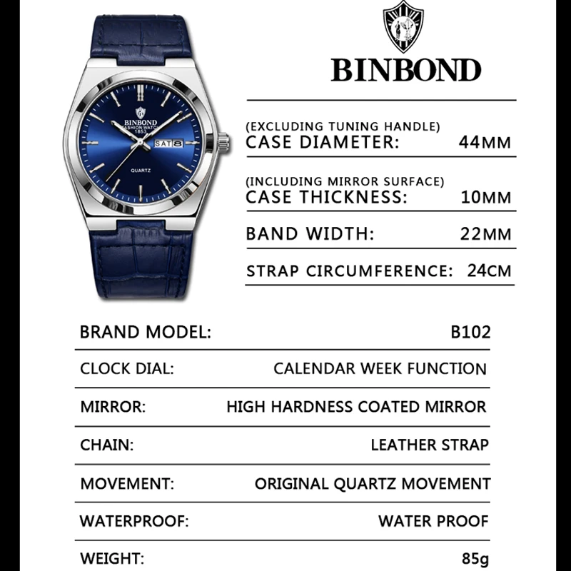 BINBOND New Authentic Youth Men's Quartz Watchwith Fashion Leather Strap Waterproof Luminous Calendar Luxury Business Men Watch