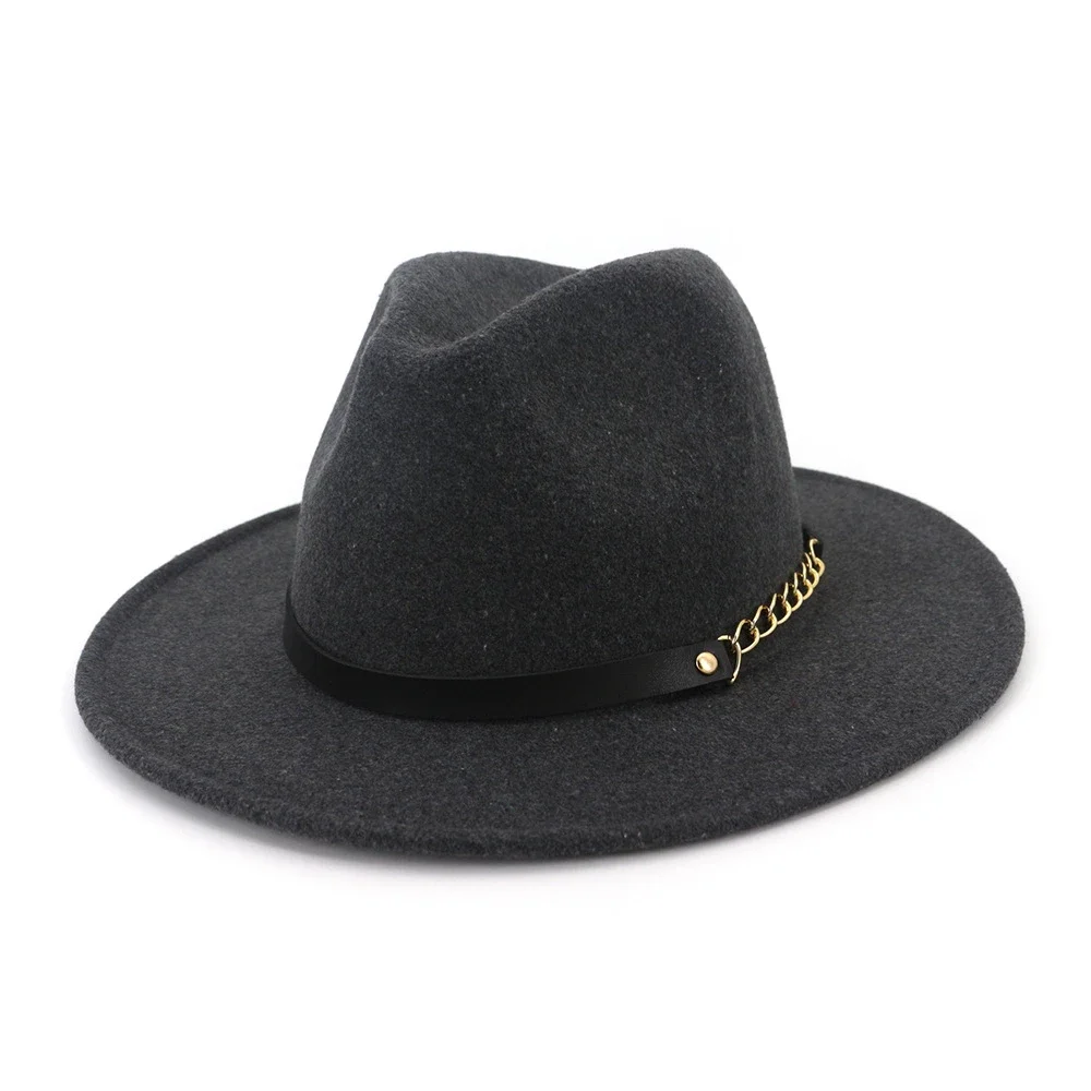 

HOAREE Wool Fedora Hat Wide Brim Felt Hat Women Khaki Casual Jazz Hats with Chain Belt Solid Autumn Winter Golden Belt Hat