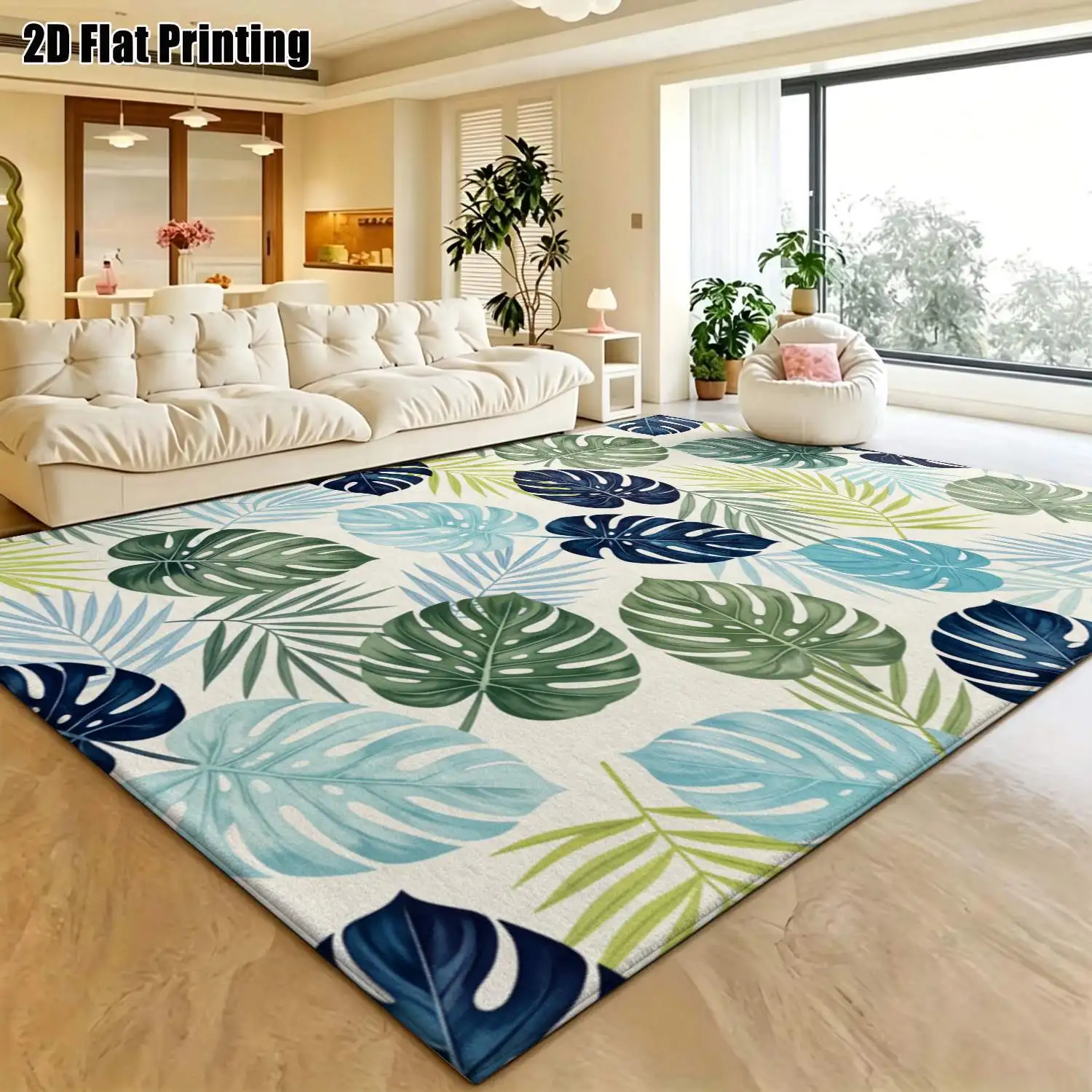 1Pc 2D Printed Blue-Green Plant Nordic/Geometric Striped Minimalist Carpets: Machine Washable, Multi-Size, Suitable for Home Decor, Ideal for Entryway/Dining/Living/Bedroom Floors, Instagram-Style Floor Mats