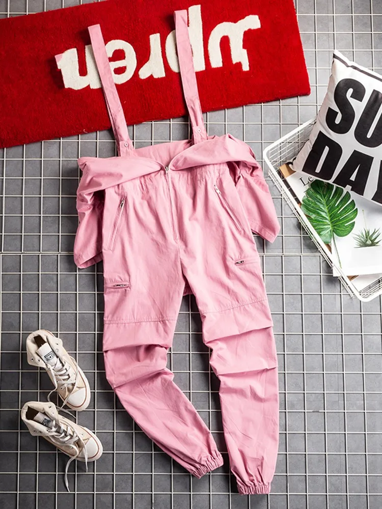 Streetwear Fashion Men Hip Hop One Piece Overalls Pink Short Sleeve Jumpsuit Harajuku Joggers Suspenders Cargo Bib Pants Pockets