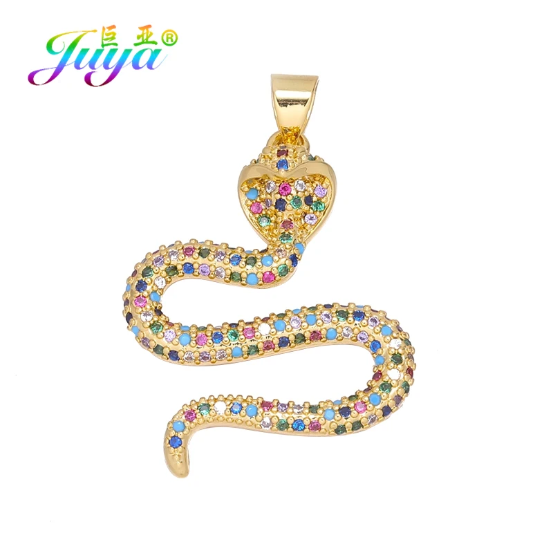 Juya Handmade Luxury Rainbow Zirconia 18K Gold Plated Decoration Snake Charms For DIY Fashion Talisman Jewelry Making Supplies