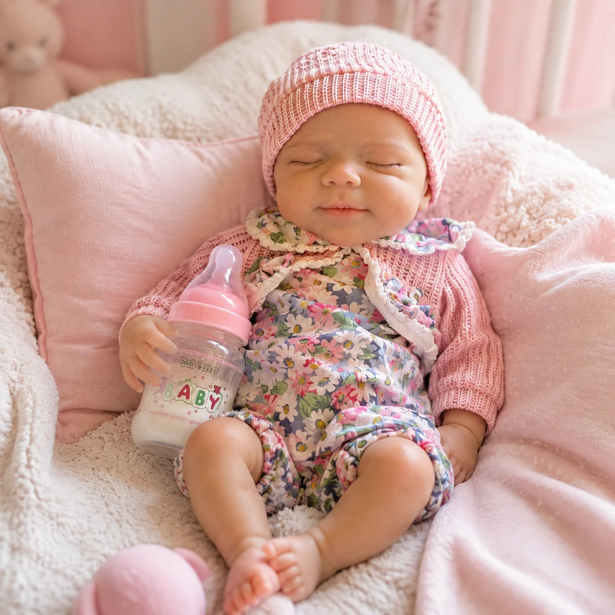 13Inch Pascale Full Silicone Reborn Baby Open Mouth Closed Eyes Doll Lifelike Newborn Pink Floral Outfit With Hat Realistic