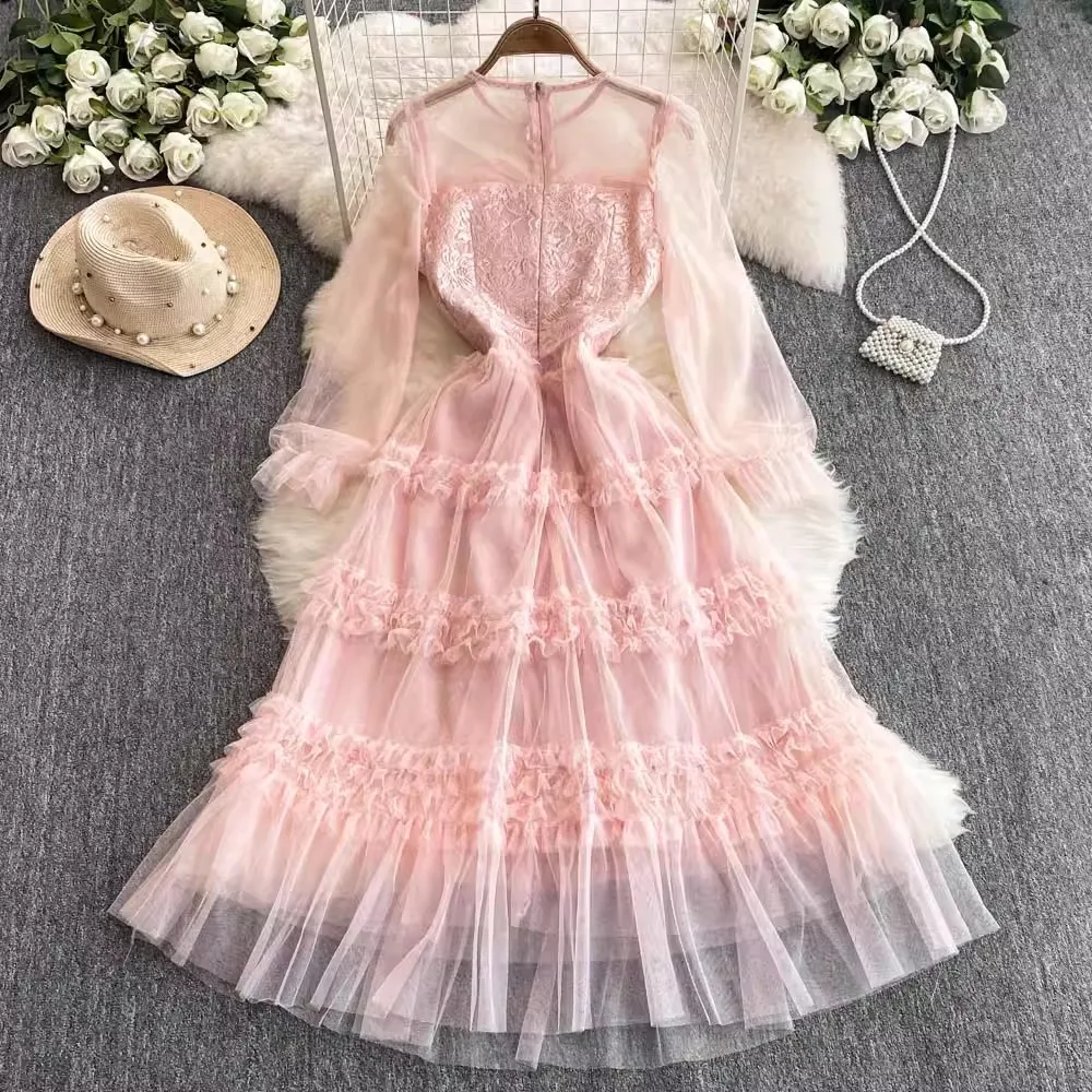 2025 Frnch Spring Pink Sequins Mesh Patchwork Lace Party Midi Dress New Elegant Women O Neck Flare Sleeve Ruffles Slim Vestidos