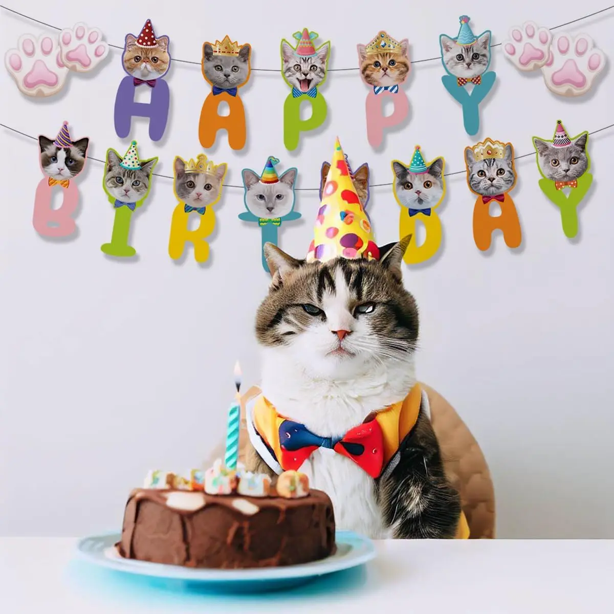 Guirxiété de bannière de joyeux anniversaire patte de chat, thème animal de compagnie, première fête d'anniversaire, baby shower, décoration de maternelle