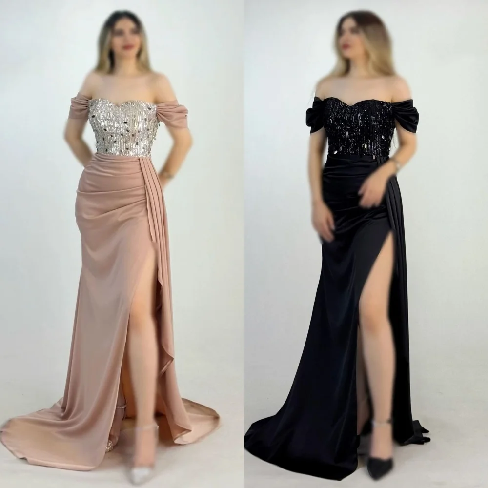 

Customized Intricate Matching Pleat Draped Sequined A-line Off-the-shoulder Long Dresses Bespoke Occasion Dresses Exquisite Sexy