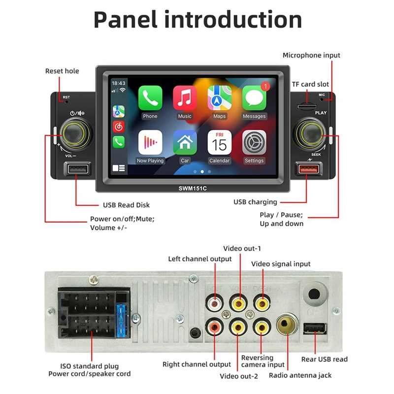 1 Din Car Audio Receiver Carplay 5 Inch MP5 Bluetooth Hands Free A2DP USB FM System 151C