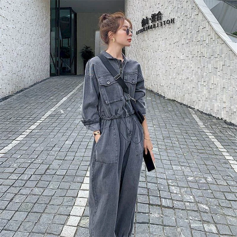 Denim Jumpsuits for Women Long Sleeved Korean Style Harajuku Overalls One Piece Outfit Women Rompers Casual Vintage Playsuits