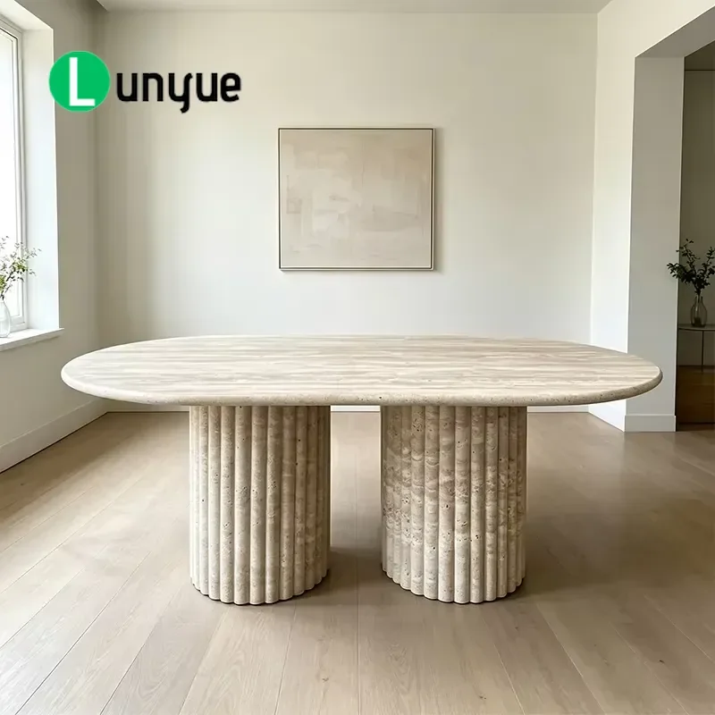 Natural Limestone Oval Dining Table 183cm Double Base with Groove Large Family Stone Table for Living Room Villa Furniture