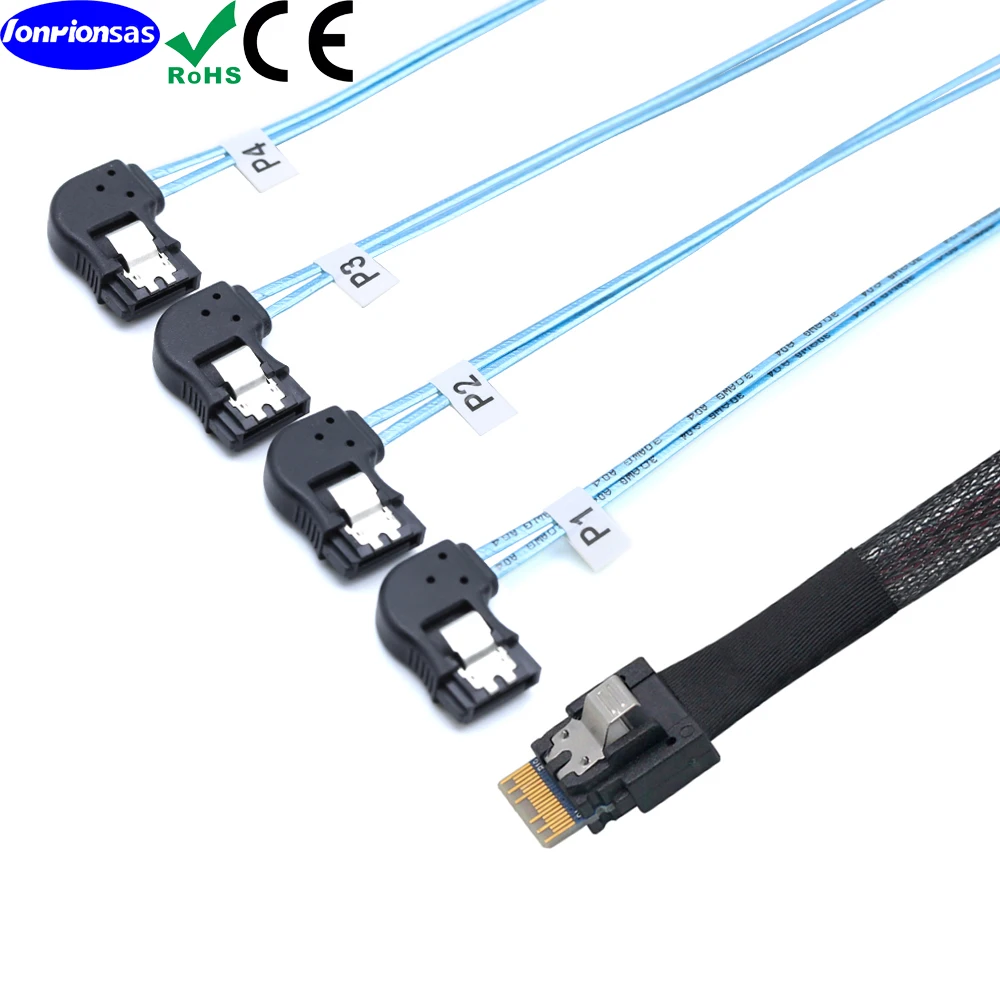 PCI-E Ultraport Slimline SAS 4.0 38pin SFF-8654 4i ke 4X SATA 7P kabel sudut kiri wanita