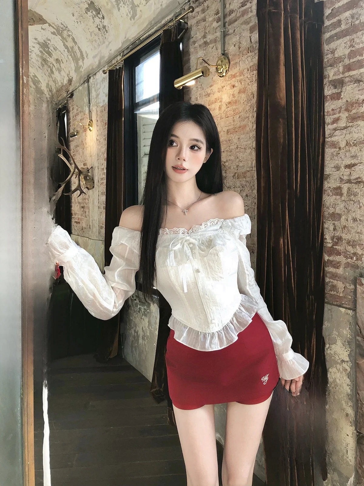 

Wahju Hot Red Rose ort Lace irt Женский модный сексуальный vipa с колючками, весенний новый длинный повседневный топ с v-образным вырезом