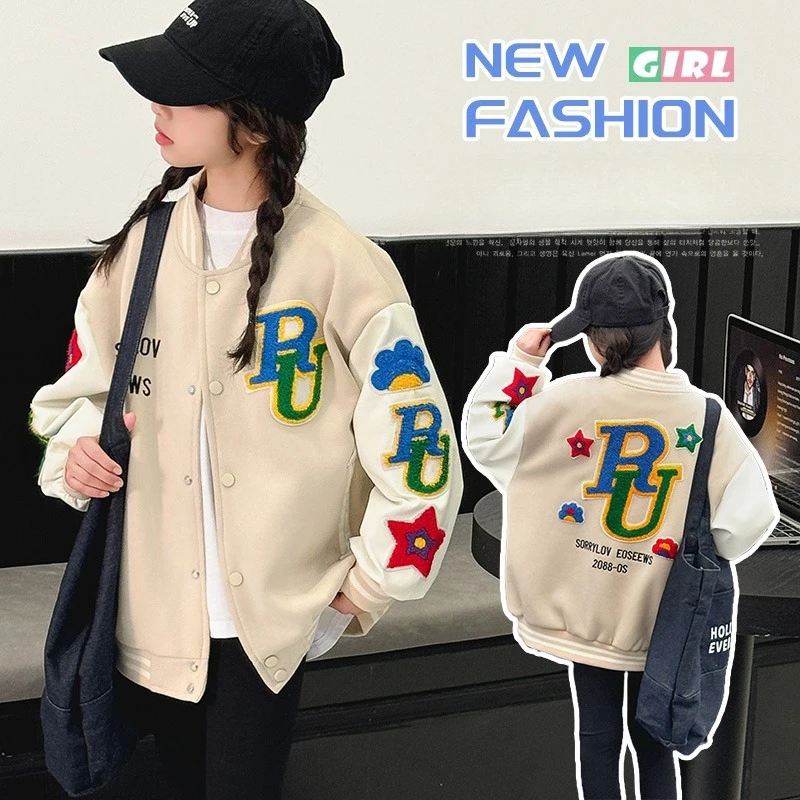 autumn 4 6 8 10 12 14 teen girls baseball jacket junior kids Splicing PU sleeves towel embroidery coat child outerwear clothes