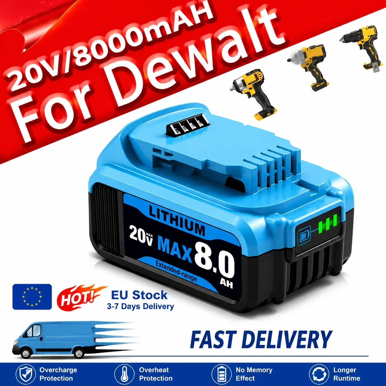 EU Local 8Ah Compatible Battery for Dewalt 20V MAX – Extended Run Time – Fits DCB200 / DCB184 / DCB182