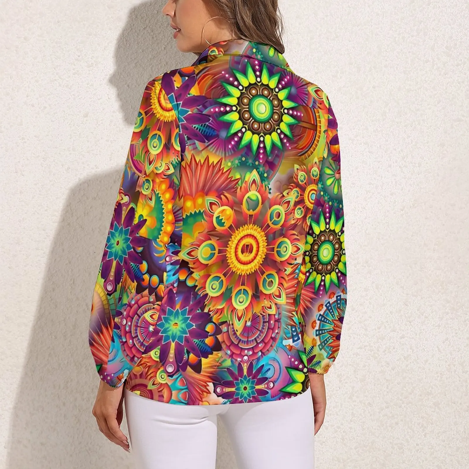 Psychedelic Retro Hippy 70s Flower Power Blouse Long Sleeve Cool Blouses Women Casual Oversized Shirts Top Birthday Present