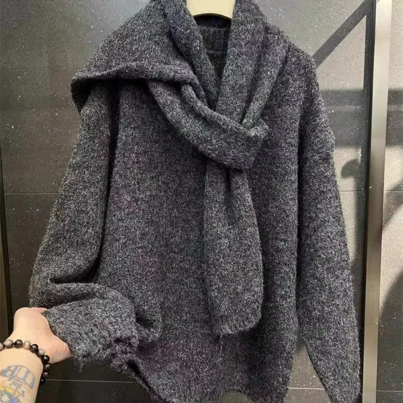 

Fashion Set of Two Pieces Fashionable and Lazy Style Scarf Pullover Sweater Women's Inner Layer Winter Knitted Top