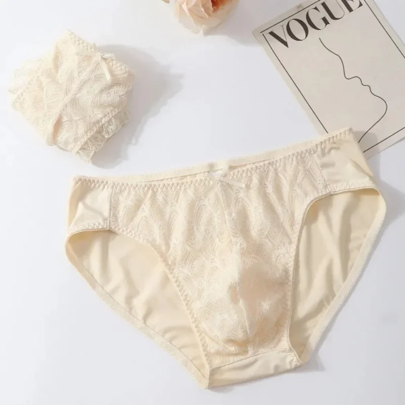 Man Sexy Lace Briefs Sissy Bow Low Waisted Thong G-string T-back Underwear Couple Pantie CD Club Dance FKK Private Party BF