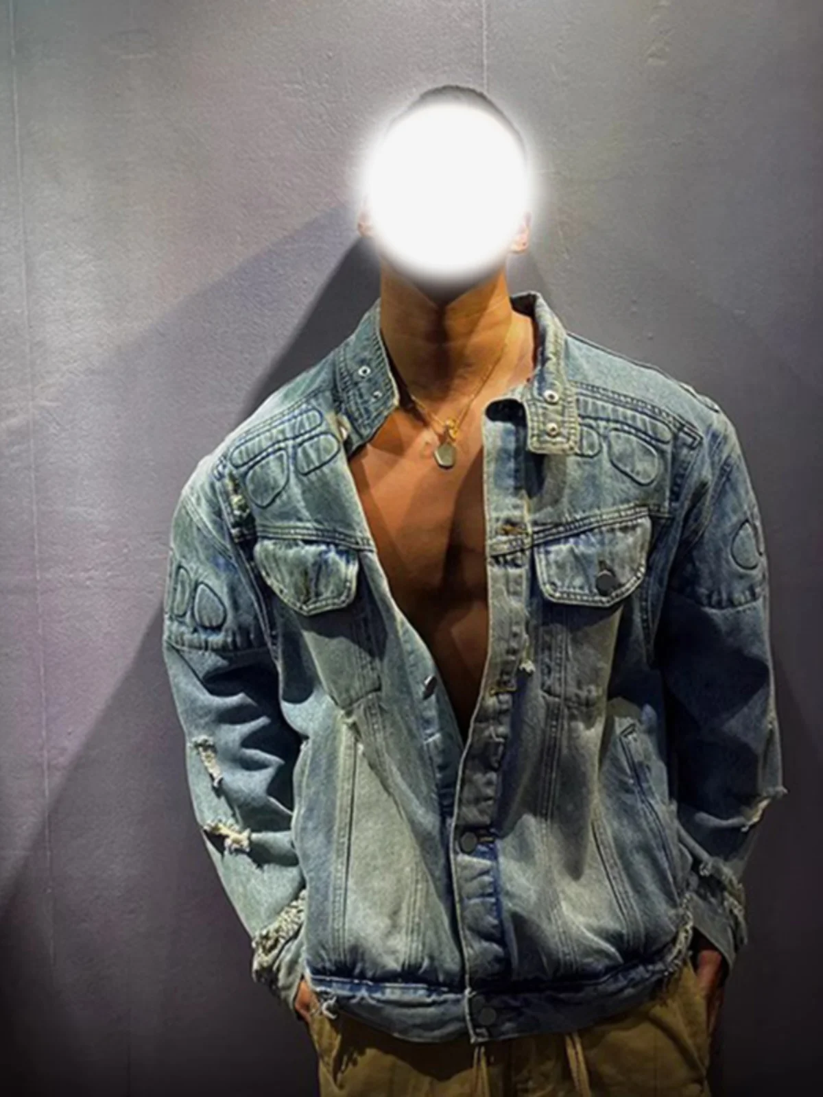 

American Mud Color Ripped Denim Jaet Men's High-End Feeling Cool Workwear Jaet oulder Pad High Street Vibe Motorcycle C...