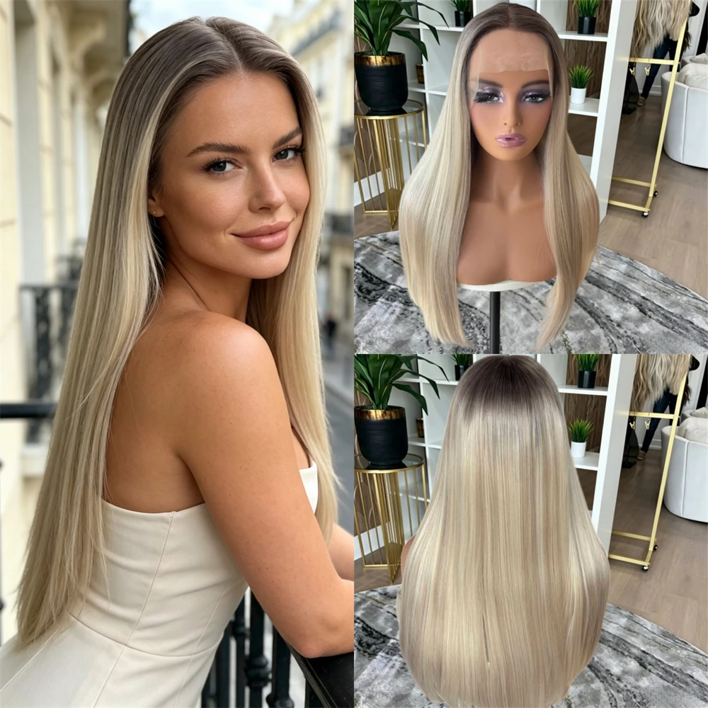 13x4 Middle Part Ombre Creamy Blonde Highlights Synthetic Lace Front Wig Original Factory Cheap Wigs Soft Long Straight Wig 26''