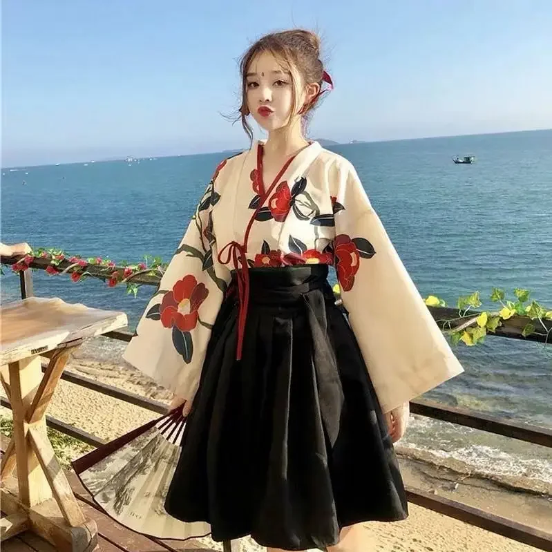 New Improved Eastern Retro Style Hanfu Set with Red Tea Flowers Yu Beauty Half Skirt Cosplay Class Uniform for Girls