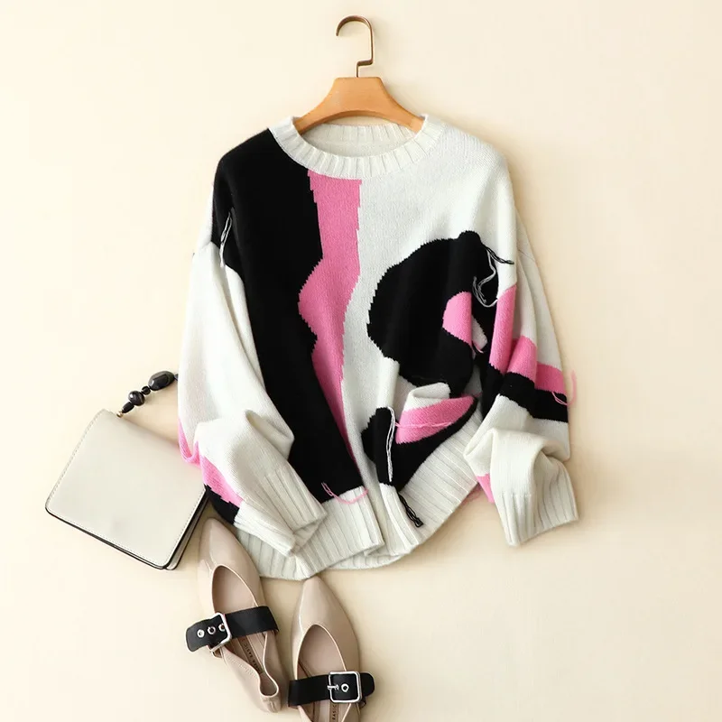 europe trendy patchwork designs oversized 100% cashmere sweater for winter