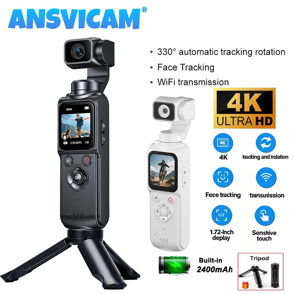 ANSVICAM 4K 포켓 POV 액션 카메라 330 °   자동 회전식 64MP 터치스크린 얼굴/사물 추적 기능이 있는 브이로그 카메라 스포츠 DV