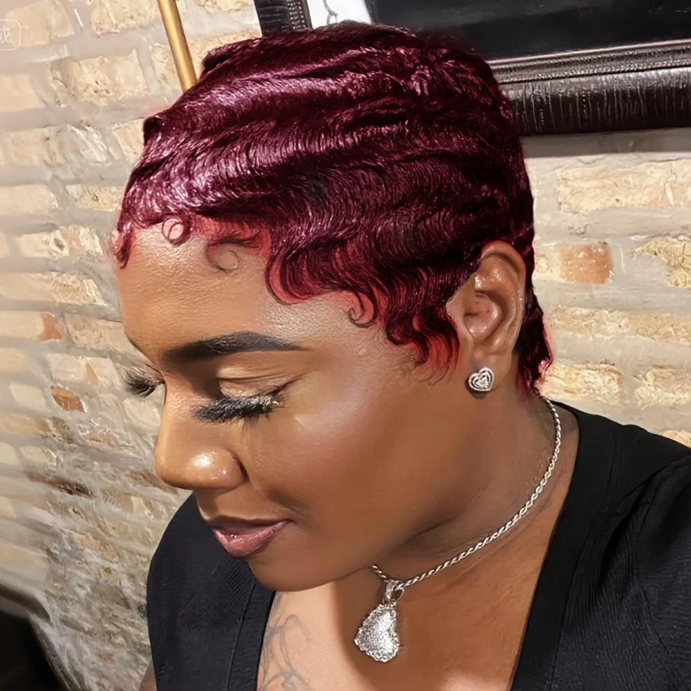 Finger Wave Women'S Human Hair Short Pixie Cut Wig Natural Look Full Machine Wig