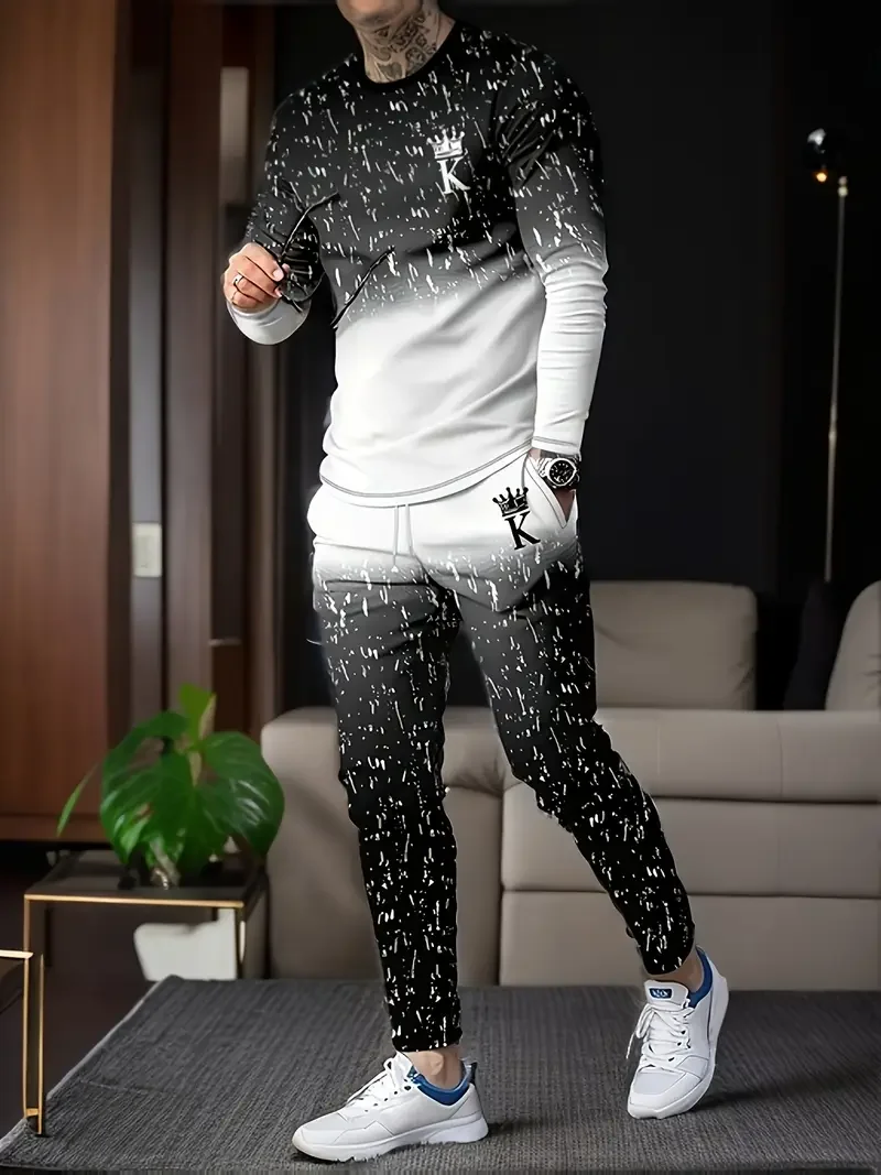 Popular Men's Long Sleeve T-Shirts Pants Set 3D Crown King Print Men Sportswear Summer 2025 New Tracksuit Jogger 2 Piece Outfits