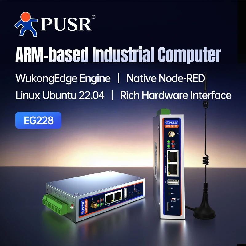PUSR Fanless ARM Mini PC Linux Server RK3506J Ubuntu 22.04 DDR3 512MB 2RS485/CANFD Edge Computing Industrial Computer USR-EG228