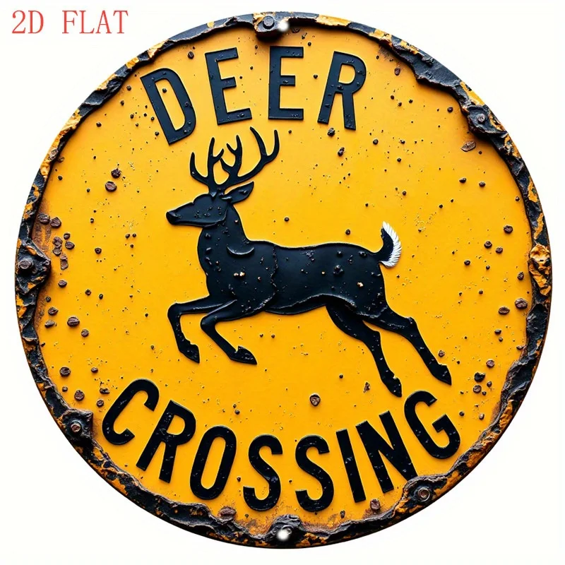 1pc Cabin Country Farmhouse Christmas Metal Wall Plaque 2D Flat Deer Crossing Distressed Silhouette Warning Text Home Decor