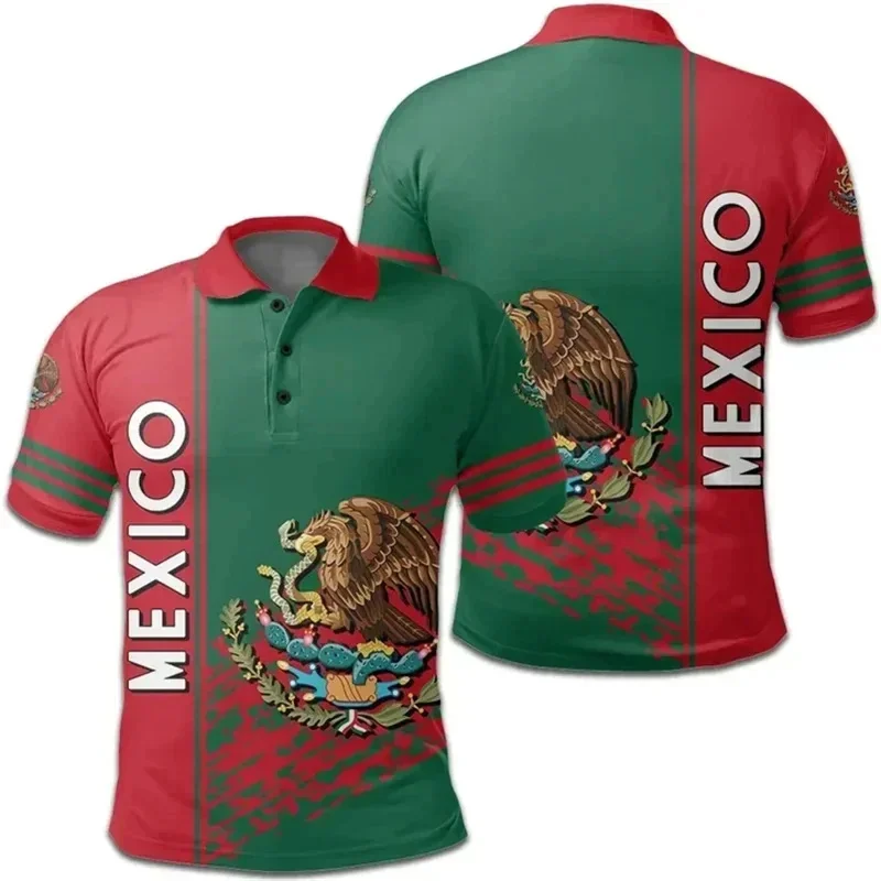 Mexico National Flag Pattern Polo Shirt Men Emblem Graphic 3D Print Tees Summer Street Lapel Top Oversized T-Shirts Short Sleeve