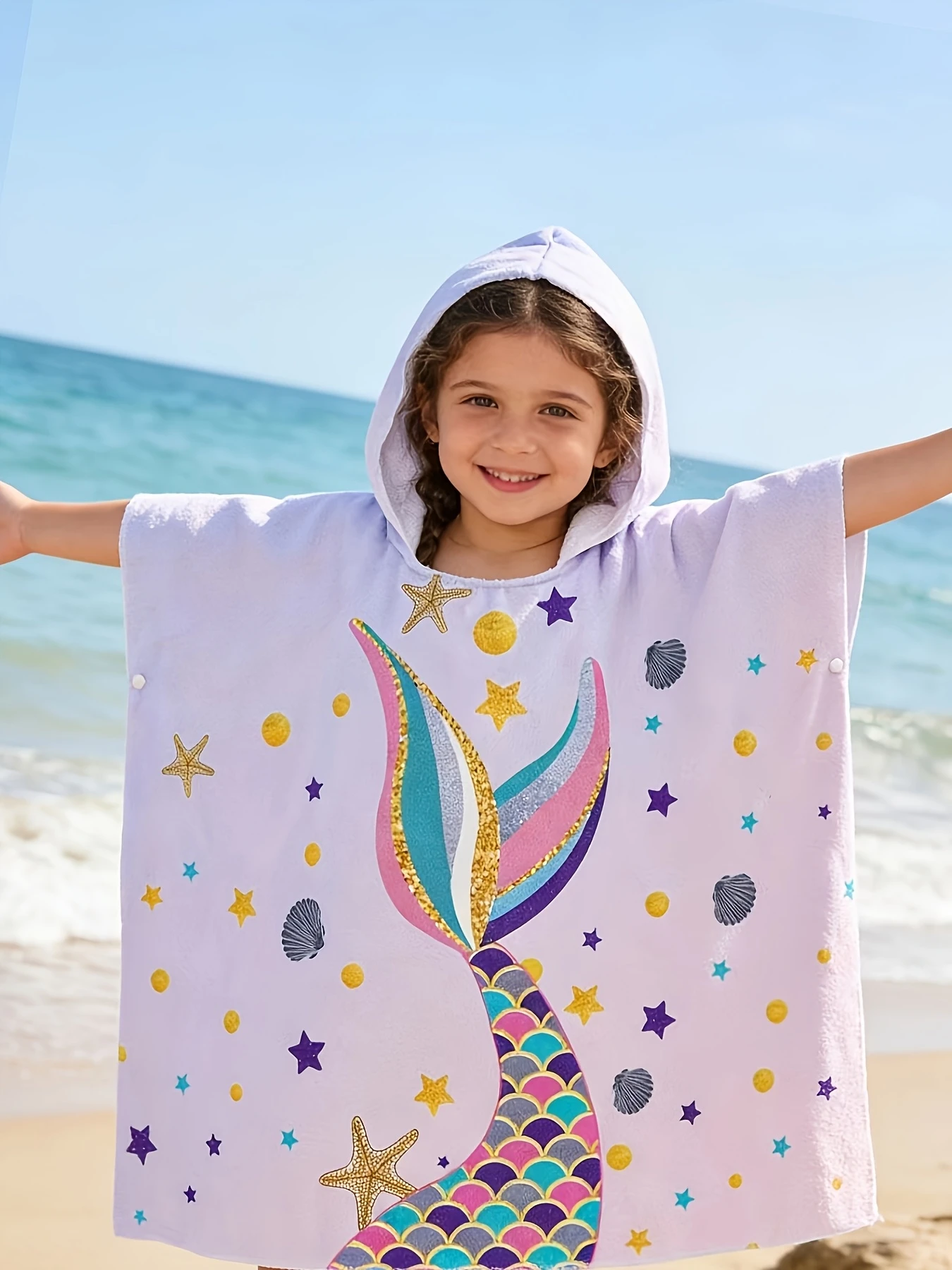 

1pc Kids Mermaid Tail Print Hooded Towel Poncho, Quick Dry Polyester Beach Changing Robe, Soft Absorbent Swim Poncho for Girls P