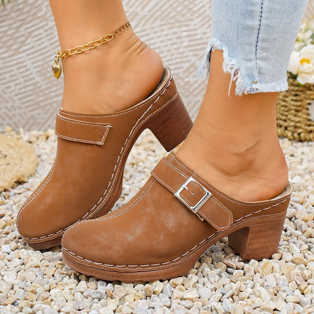 Damen Mules Pantoletten mit hohem Blockabsatz, geschlossene Zehenpartie, zum Hineinschlüpfen, Vintage, Sommer, lässig, bequeme Gehschuhe, Größe 36-43 – Detail 9