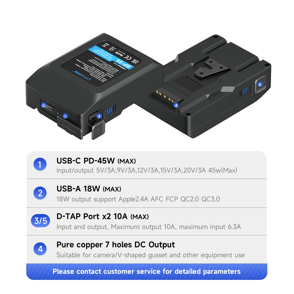 Mini V Mount Battery 95Wh BP-95 V Lock Batteries 6600mAh with PD 20W Fast Charge Port for SONY HDCAM XDCAM Camera BMPCC 6K Pro