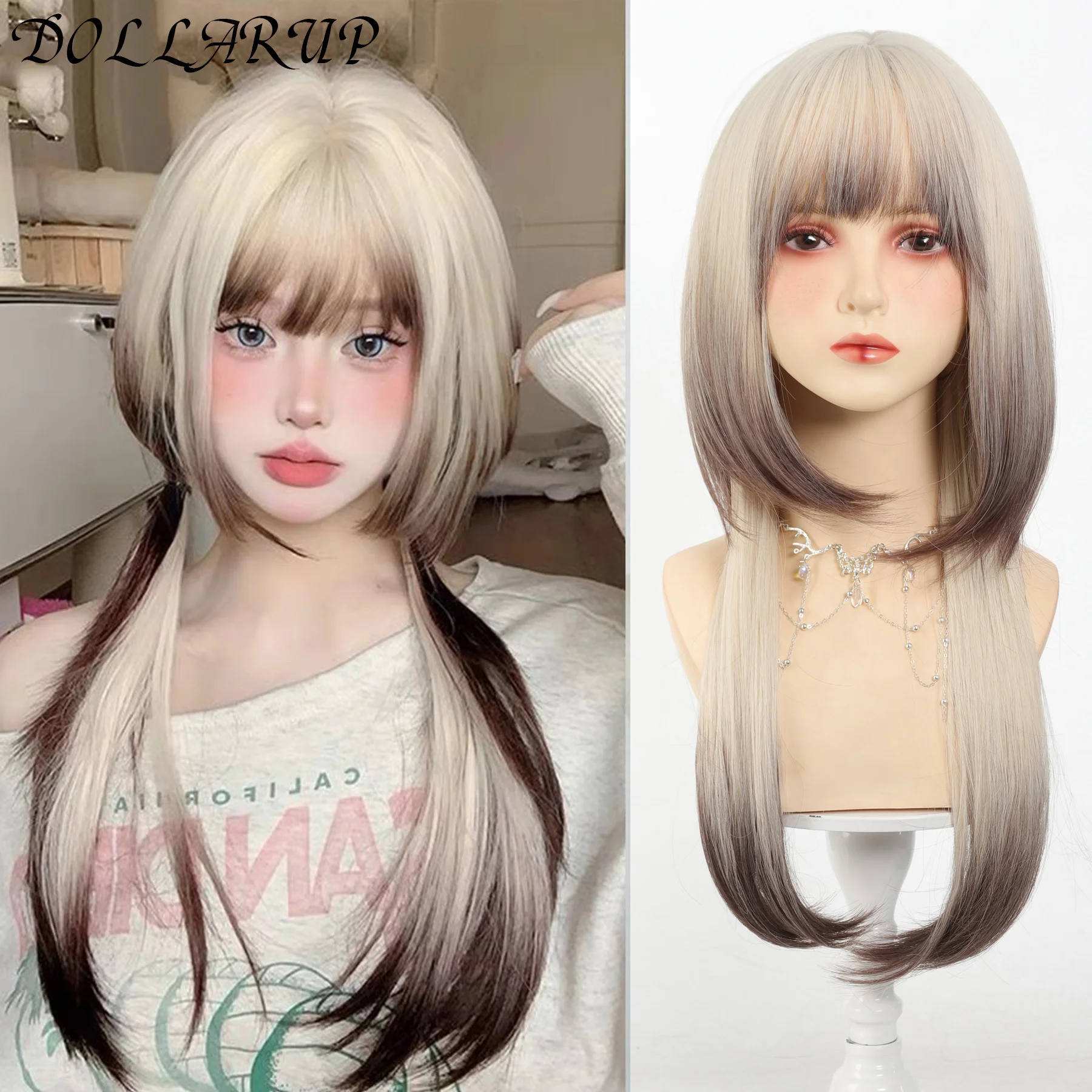 DOLLARUP Synthetic Wig Female Lolita Curly Hair Jellyfish Head Milky golden Brown Black Sweet Long Hair Full Head Type