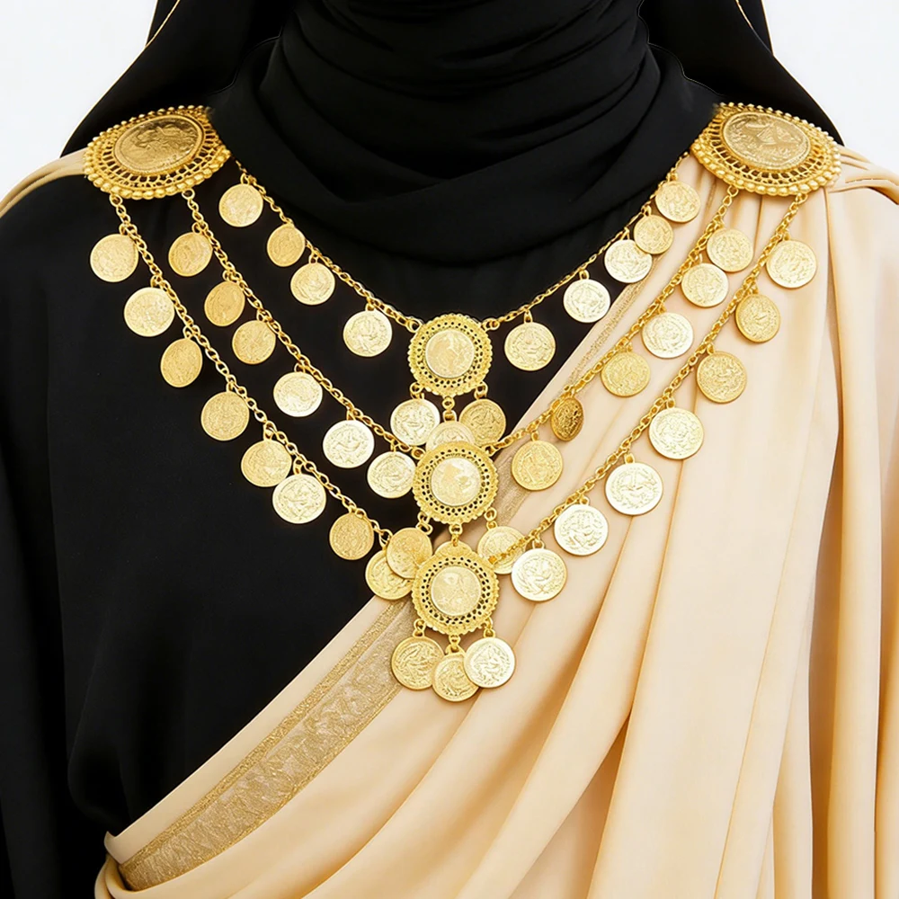 

Multilayer Coins Tassel Pendant Body Chest Chain Temperament Brooch Rhinestone Flower Imitation Turquoise Female Jewelry Gift