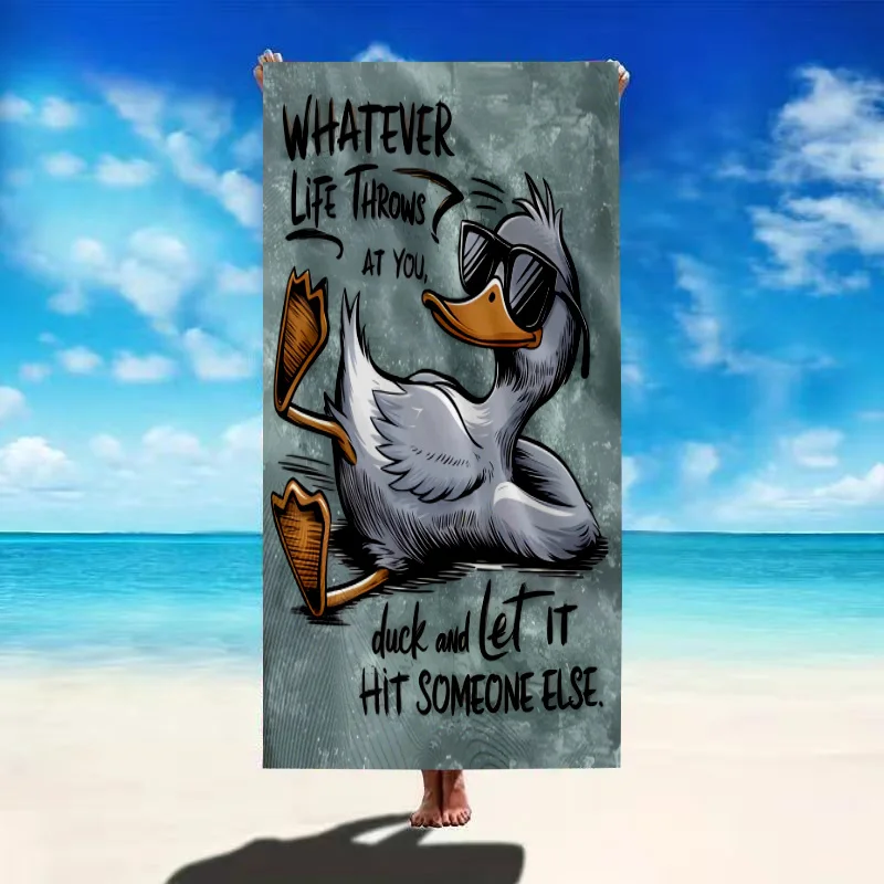 1pc Cartoon Thickened Oversized Beach Towel, Casual Duck Glasses Letter Print, Super Soft Beach Blanket for Vacation Swimming Be