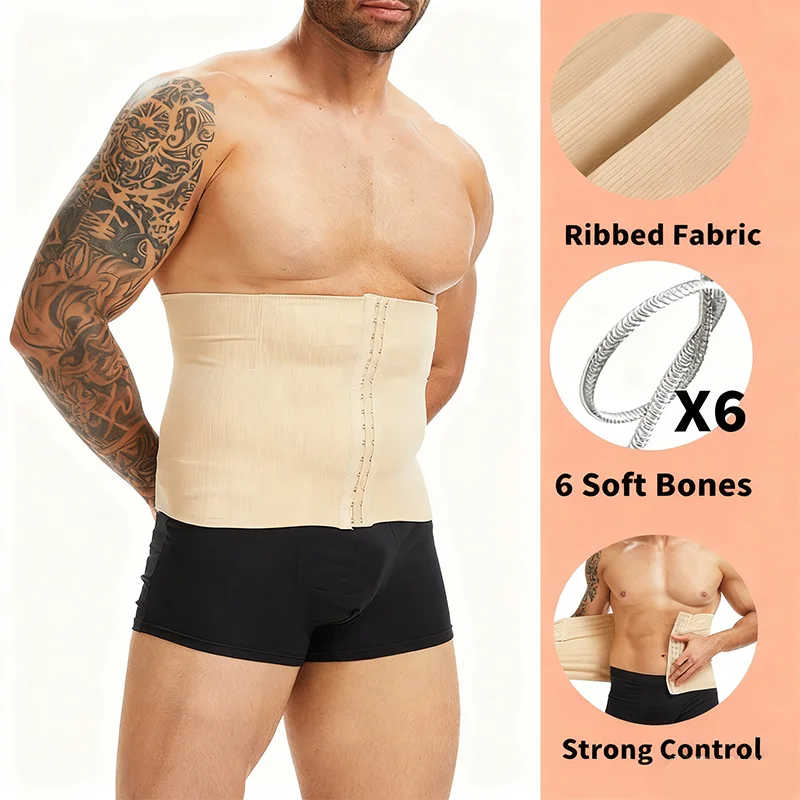Men's High Stretch Ribbed Belt Shapewear Waist Trainer Tummy Control 6-Cartilage Back Support Fajas Breathable Comprssion Corset