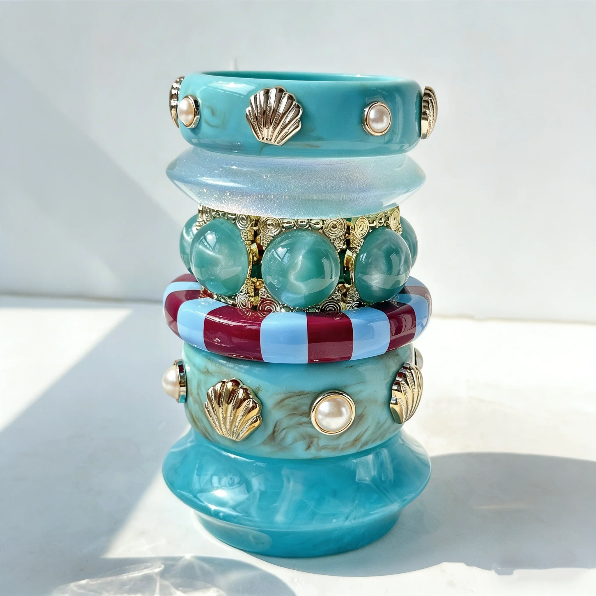Retro Blue New Pearl Shell Shaped Wide Resin Bracelet Gold Stretch Bracelet, Striped Patchwork Bracelet Women's Casual Jewelry