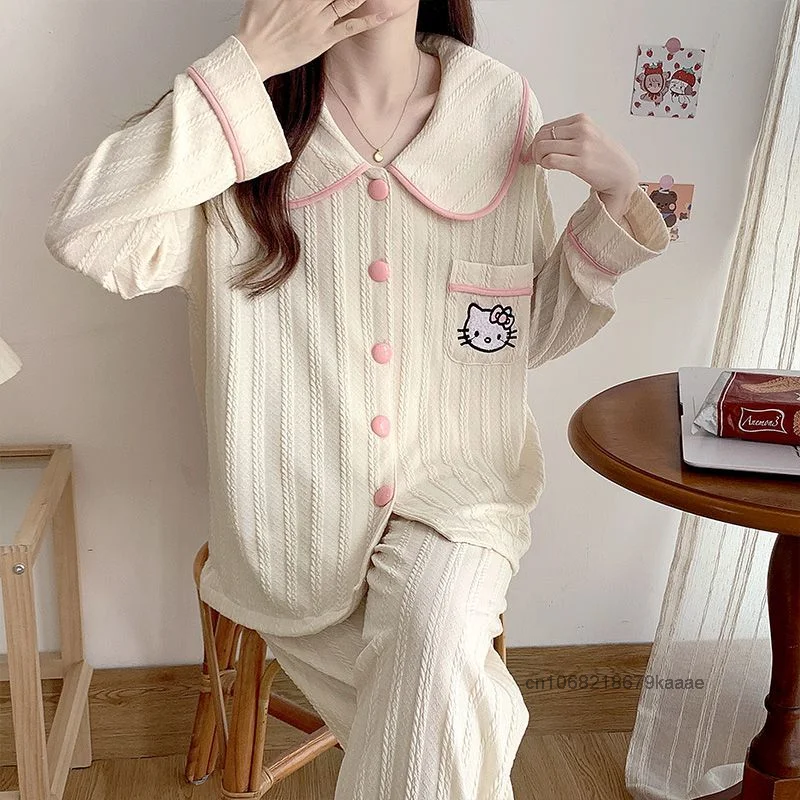 Sanrio Hello Kitty Women\'s Spring Autumn New Sleepwear Korean Style Pure Cotton Home Clothes Simple Design High-end Pajamas Set