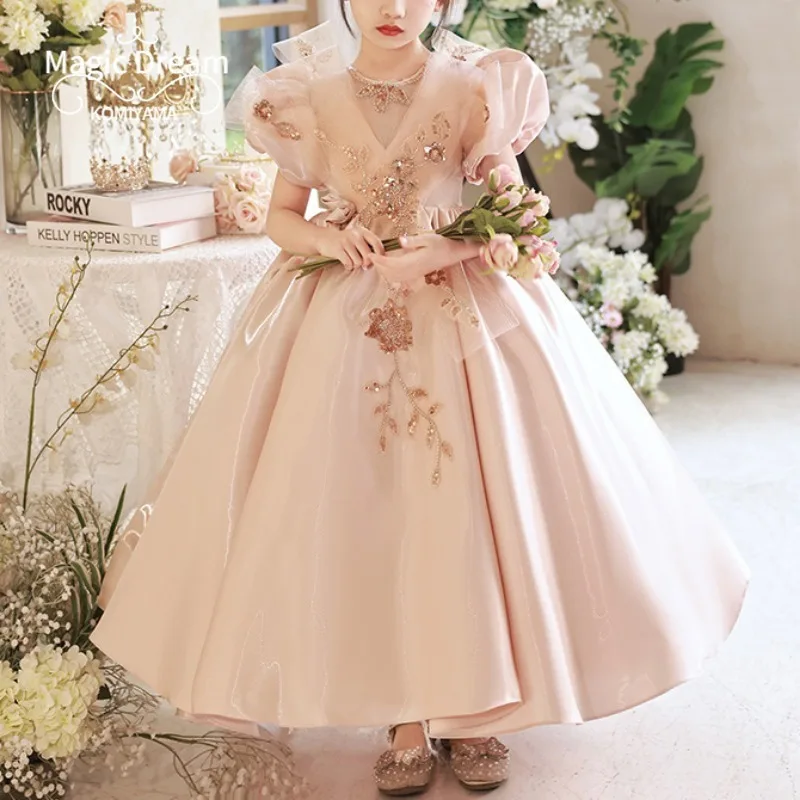 Customized Appliqué O-neck Puff Sleeve Kids Birthday Party Vestidos Slim Waist Pleated Flower Girls Dress Elegant Sweet Princess