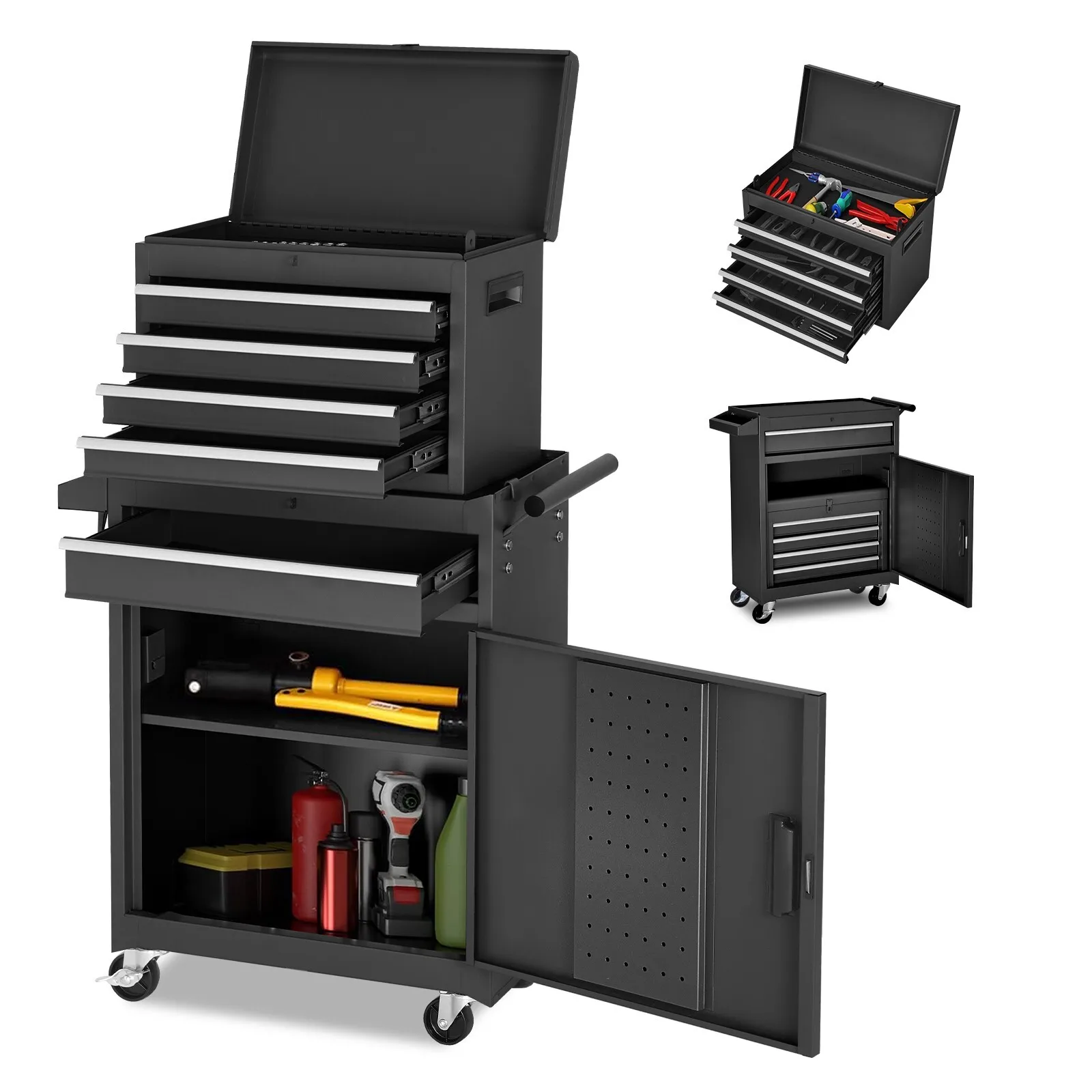 صندوق أدوات المتداول مع 5 أدراج وعجلات قابلة للقفل ومنظم 2 في 1 قابل للفصل
