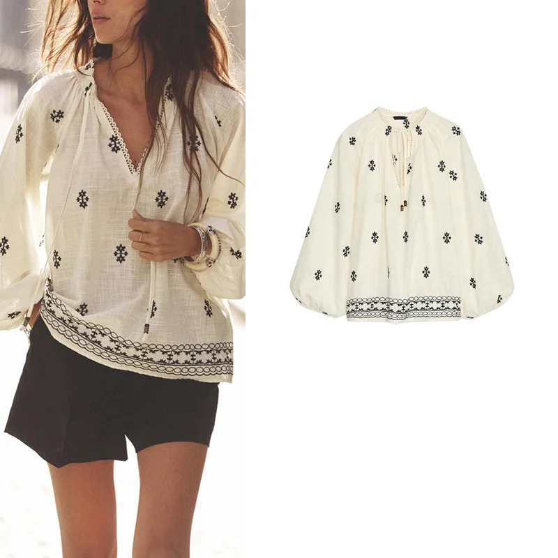 

Новая летняя женская простая однотонная блузка с вышивкой, модный топ с длинным рукавом, V-образным вырезом, свободного кроя, из полиэфирного волокна
