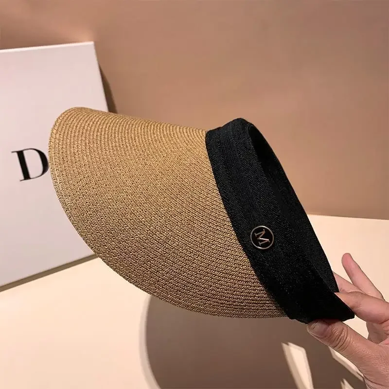 Korean Fine Grass Woven Hollow Top Hat Japanese UV Sun Protection Hat Striped Headband Large Eave Sun Protection Duckbill Hat